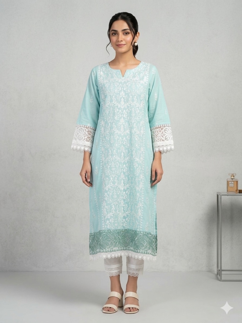 Women's Light Aqua Embroidered dress 3 pc